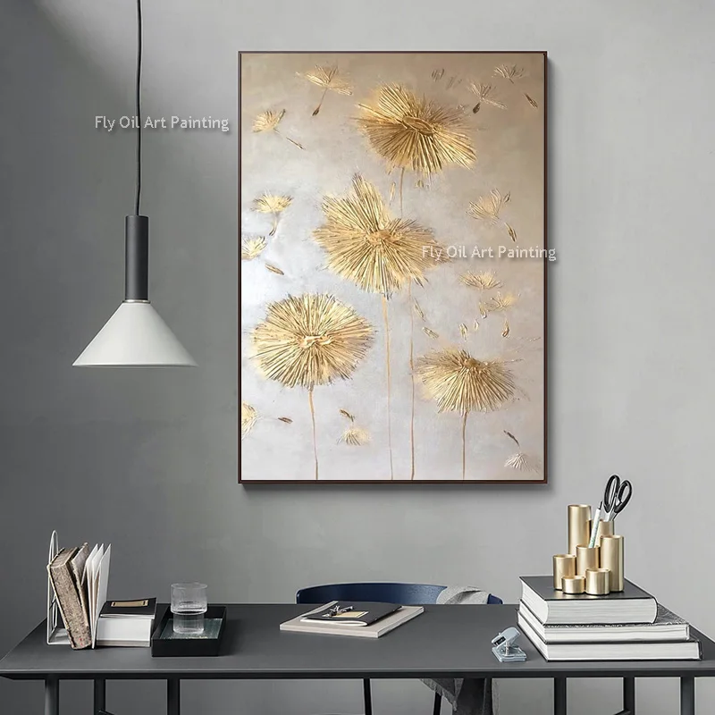 Imagem -06 - Pintura da Lona Dandelion Ouro 100 Pintados à Mão Abstrato Moderno Pinturas a Óleo Ouro Branco Home Wall Decor sem Moldura Melhor Presente