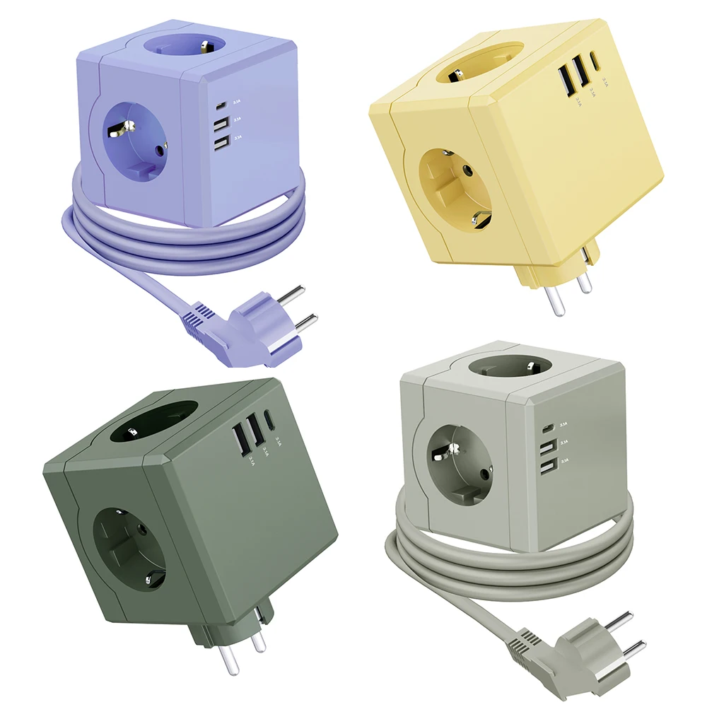 Sf Coating Cube Design Power Strip 3-Prong Type C USB Port High Capacity Outlet Type/Cable Type 1.8m