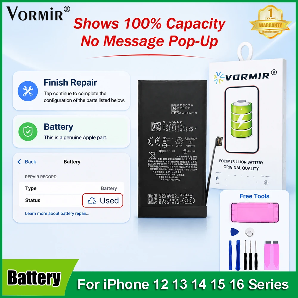 Vormir High Capacity Diagnostic Battery Shows 100% Capacity for iPhone 12 13 14Plus 15Max Rechargeable Battery No Message Pop up