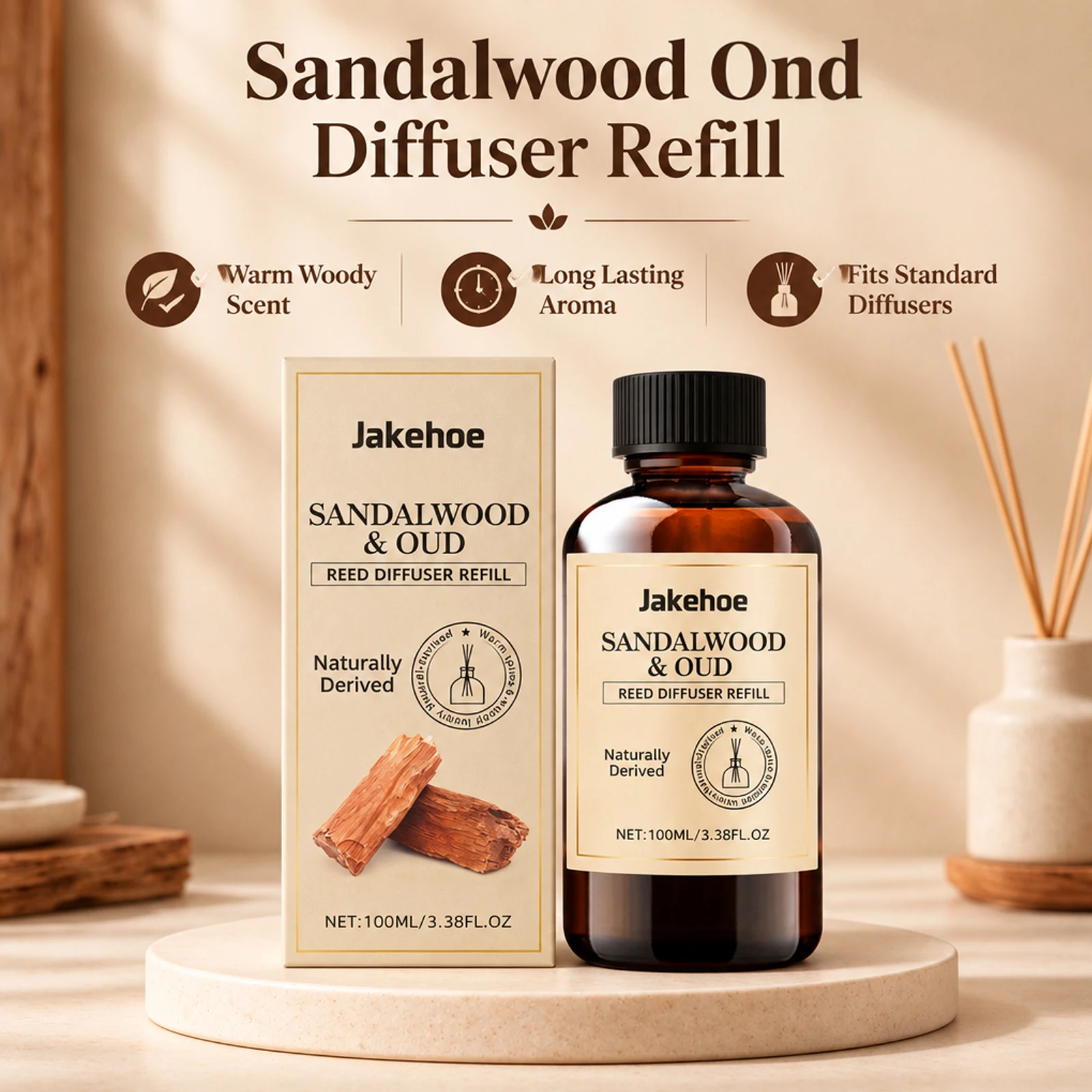 Jakehoe Sandalwood Oud Reed Diffuser Refill Warm Woody Scent Long Lasting Aroma For Home Office 100ml