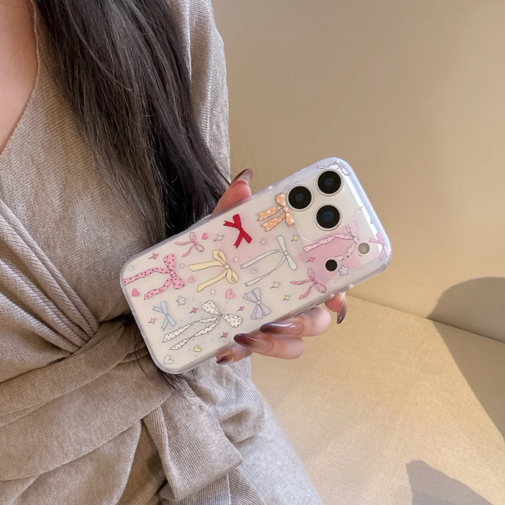 

Cute frosted colorful bow phone case, suitable for iPhone15/14/16/17ProMax Fundans17Pro,Korea INS new shockproof protective case