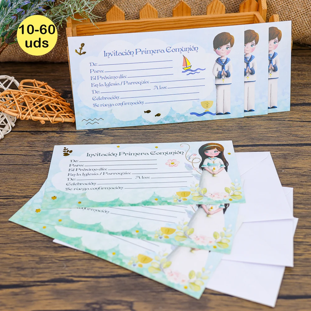 Lot of 10 to 60 Units of Communion Invitation, 2 Colors, Girl and Boy Communion Invitation Cards, with Couch Paper Envelope, Detail to Give to Guests, Original Guest Details, Regalantes Store