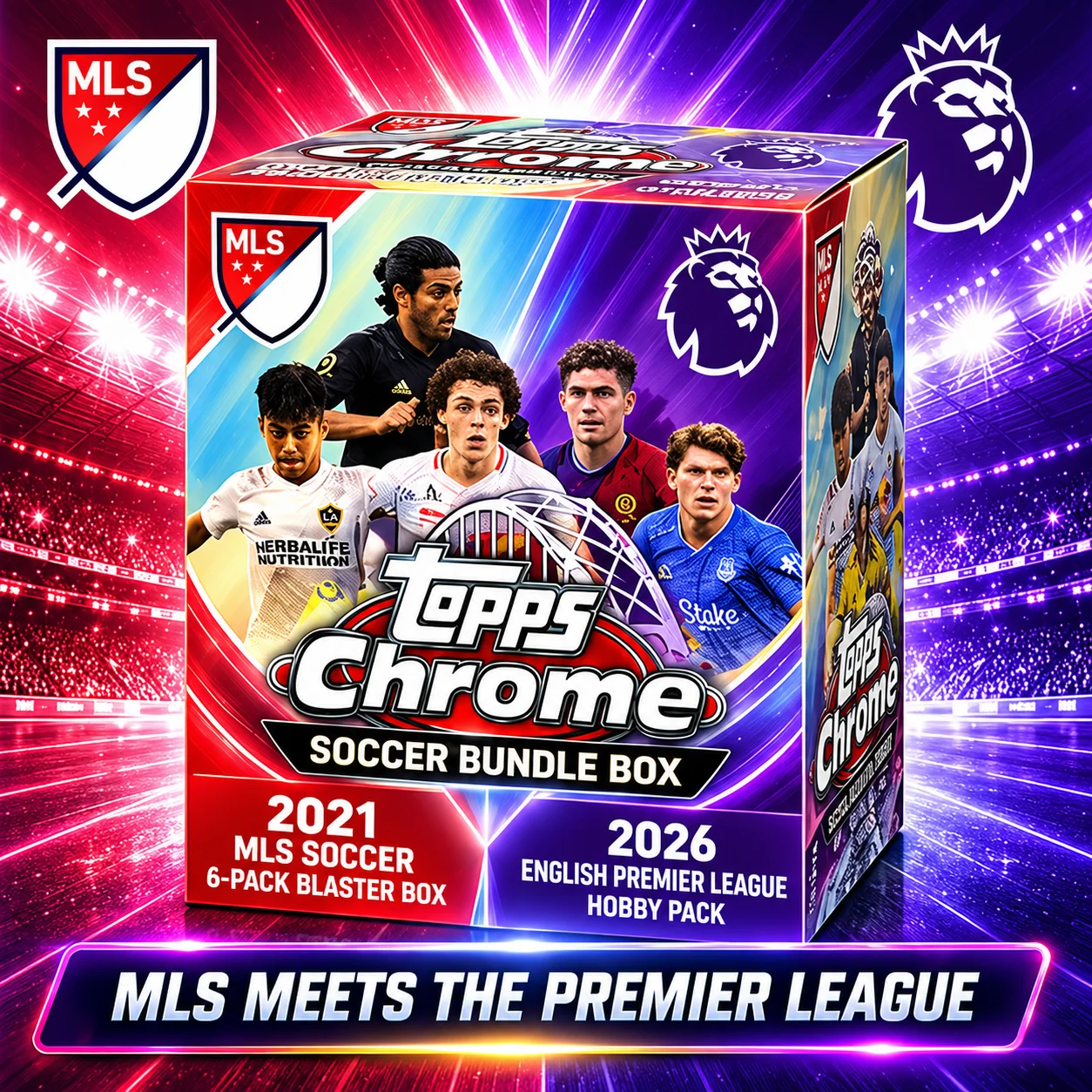 2021 Topps Chrome MLS Soccer 6-Pack Blaster Box With 2026 Topps Chrome English Premier League Soccer Hobby Pack, 34 Total Cards, Look for 6 Exclusive Pink X-Fractor Parallels on Average Plus Autograph Chase