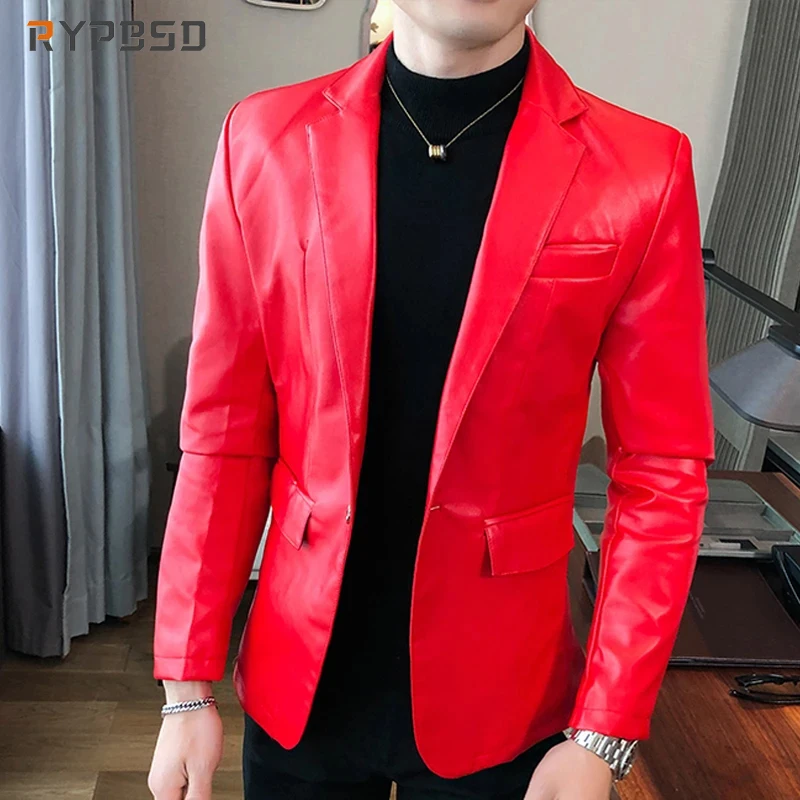 Leather Jacket Men Slim Fit Autumn Streetwear Korean Social Casual Business Solid Red Blazer Coat Fashion Faux PU Suit Jacket