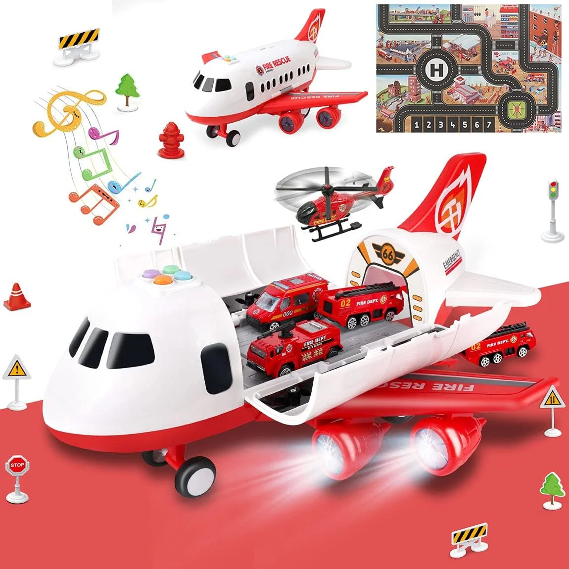 

Airplane Toy with Fire Truck Cars and Play Mat,Plane with Lights and Sounds for 3 + Years Old Boys and Girls