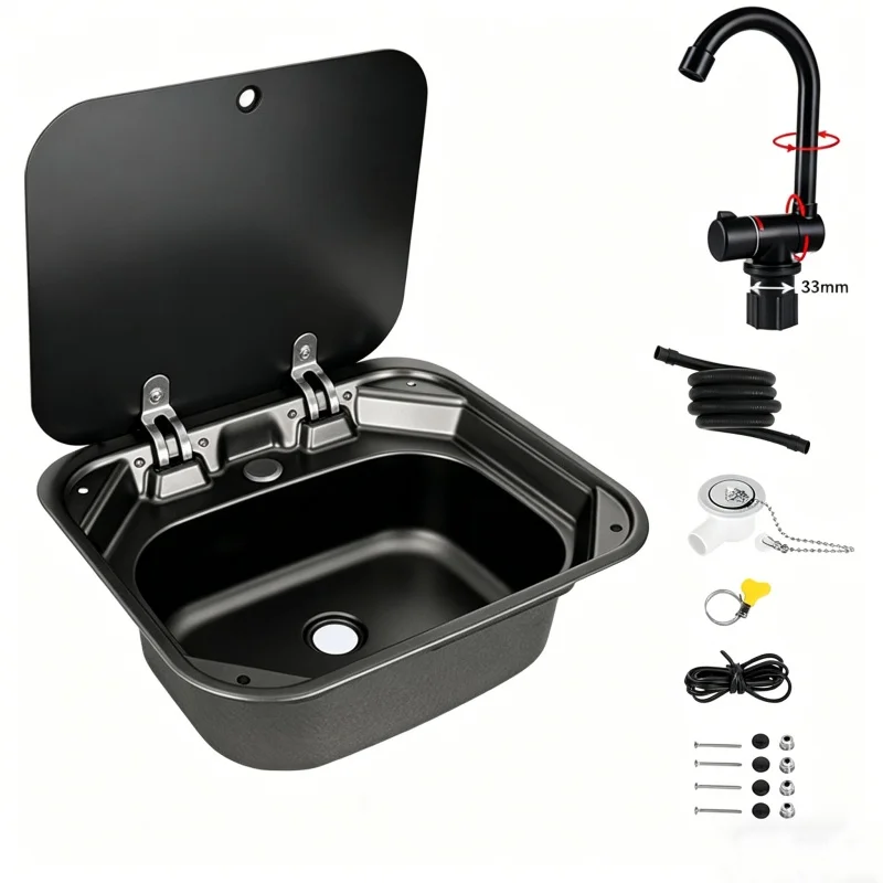 Schwarz-Graues Camper-Waschbecken mit Hitze- und Kältegeregelter Armatur, Klappbarem Wasserhahn und Gehärtetem Glasdeckel mit Schalldämpfender Unterseite
