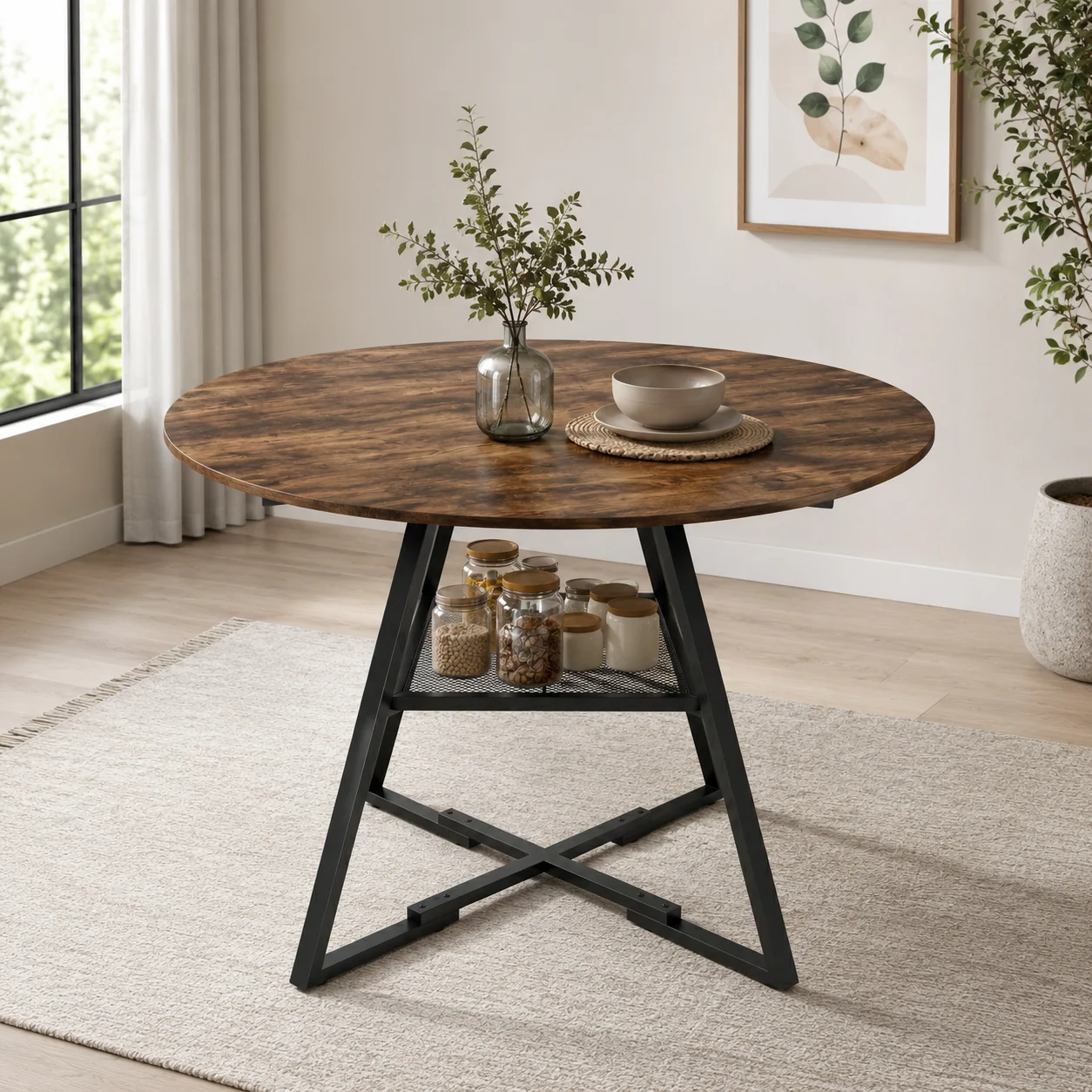 Table à manger ronde pour 4 personnes, Ø 100 x 76 cm, table de cuisine avec large plateau et étagère, brun rustique