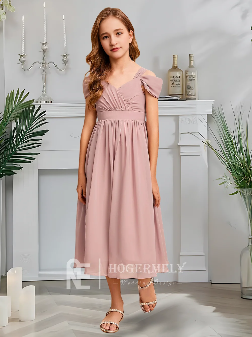 Роскошное платье трапециевидной формы для подружек невесты, платье цвета лаванды для девочек-цветочниц, шифоновое платье с открытыми плечами и каскадными оборками, длиной до чая