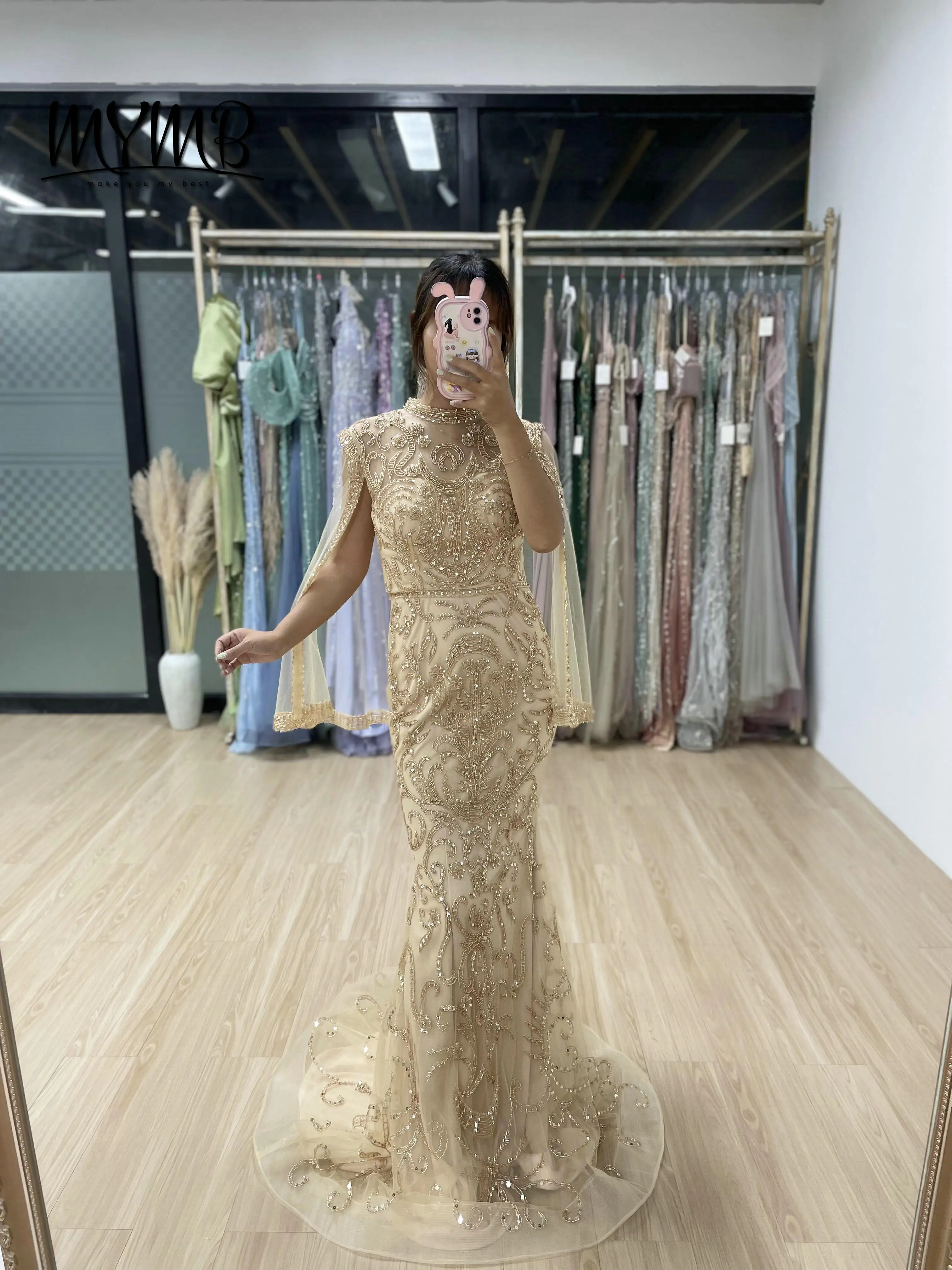 MYMB Luxurious Tulle Shawl Sequined Mermaid Evening Dresses High Neck Beading Embroidered Wedding Banquet Gowns for Lady DWN0391