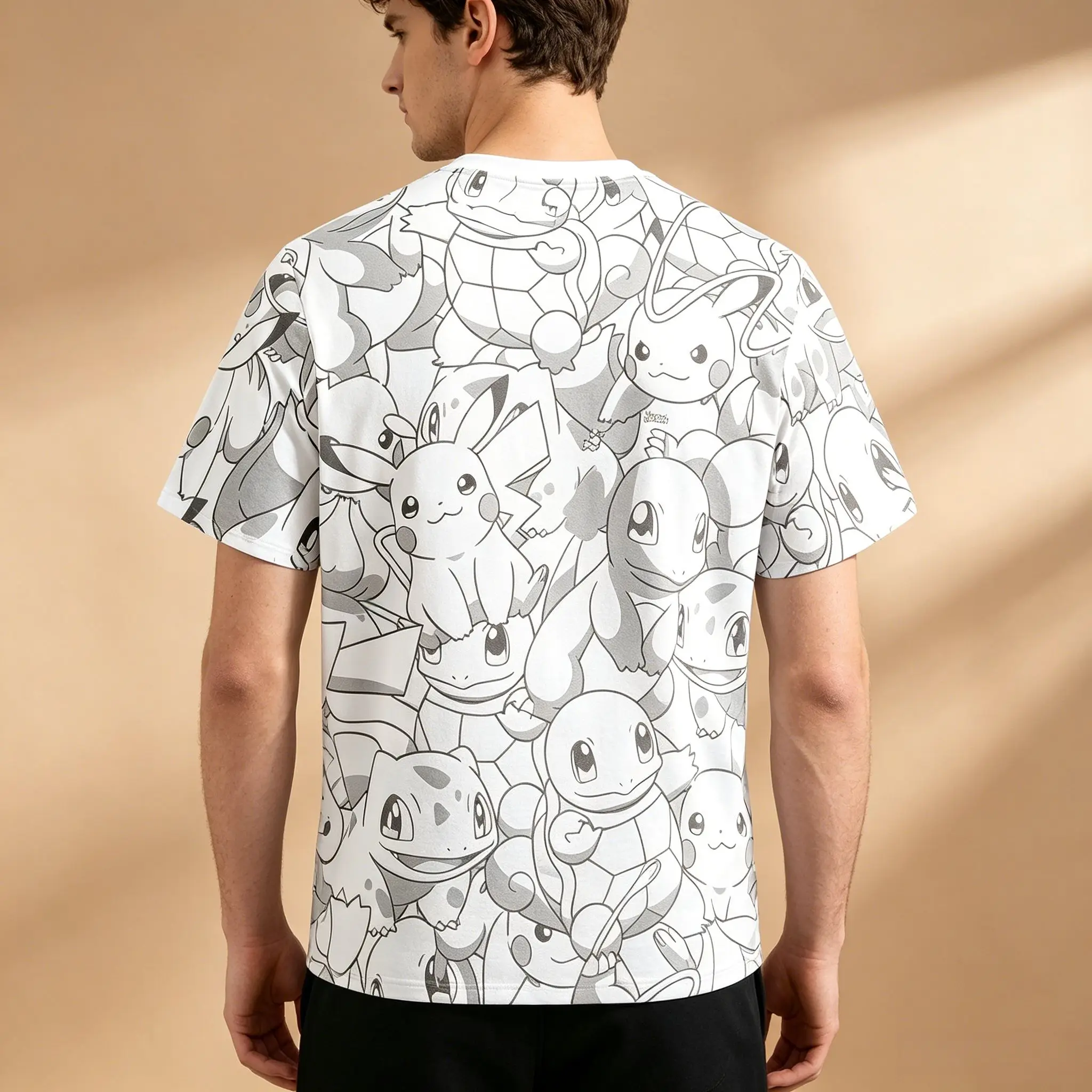 Men's Pokemon Starter Sketch Full Print T-Shirt, Black White Line Art Pikachu Charmander Squirtle Anime Short Sleeve Tee