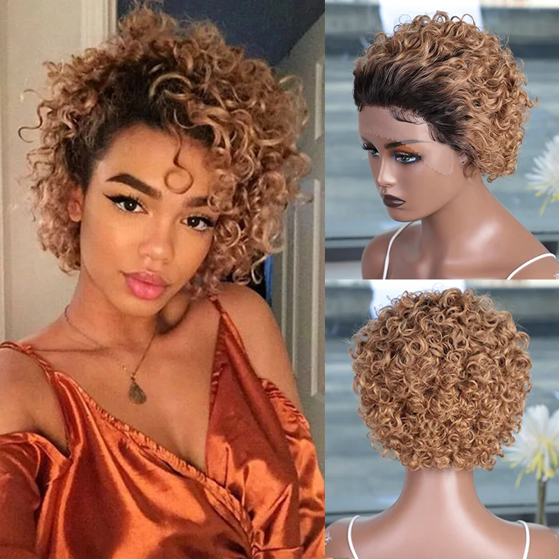 Curto Curly Pixie Cut Bob Peruca para Mulheres, Cabelo Humano, Ombre, Cinza Loiro, 13 × 1 Lace Front, Marrom, Preto, Branco, Remy Hair