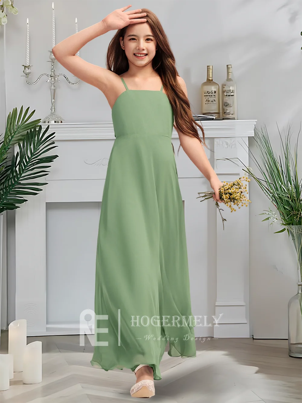 Элегантное платье подружки невесты с квадратным вырезом, шалфейное зеленое платье с цветочным узором для девочек, шифоновое платье длиной до пола с бантом для причастия