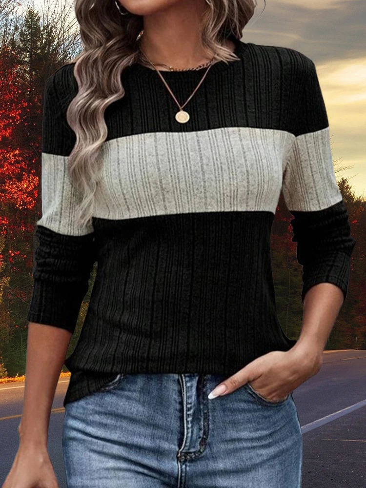 Autumn Women Long Sleeve Patchwork Loose O-Neck Jumper Street Casual Knitted Lady Pullover Female Striped Contrast Color Sweater