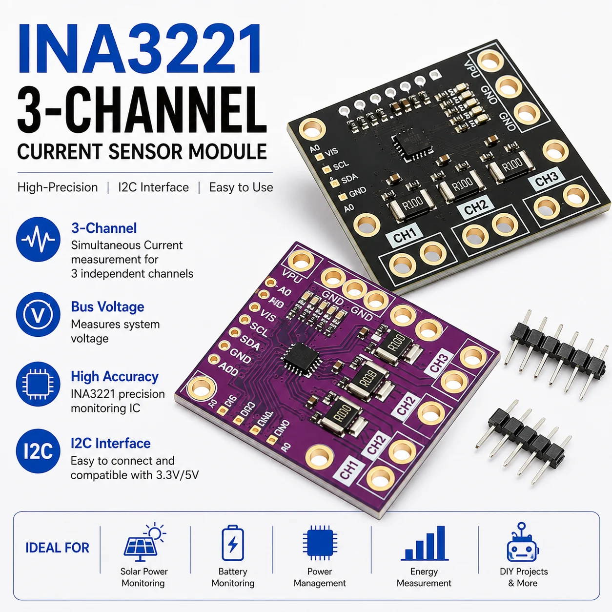 I2C SMBUS INA3221 Triple-Channel Shunt Current Power Supply Voltage Monitor Sensor Board Module Replace INA219 With Pins