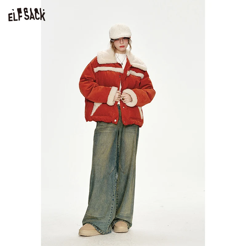ELFSACK 2024 Winter New Arrivals New Year white plush stitching red down jacket women