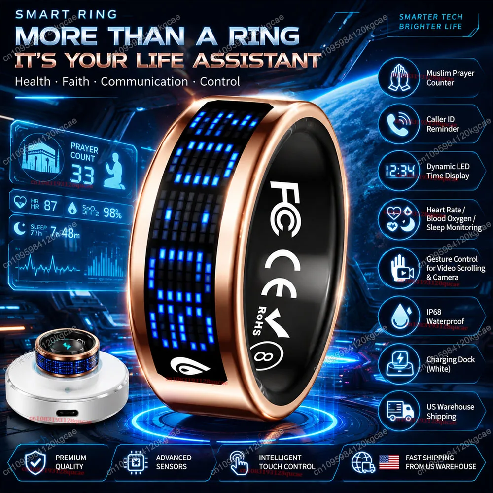 Smart Ring with Display Time, Muslim Tasbih Counter, Incaming Call Reminder, Fitness Tracker with Heart Rate Blood Oxygen Monitor Sleep Tracking Smartring US Local Shipping for Android iOS