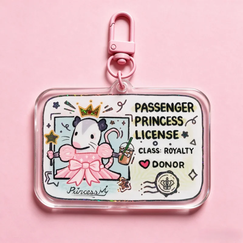 Cute Opossum Passenger Princess License Acrylic Keychain Pink Possum Driver Car Bag Charm Vehicle Accessory Gift for Car Lovers