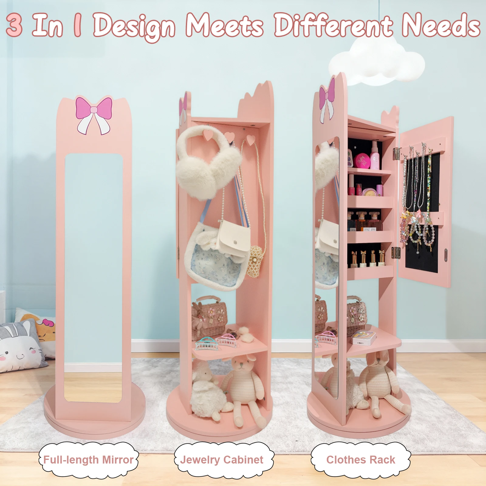 

Children's dressing table, mirror cabinet, 1-door 1-level shelf. The bottom can rotate. Suitable for storing jewelry. Pink color