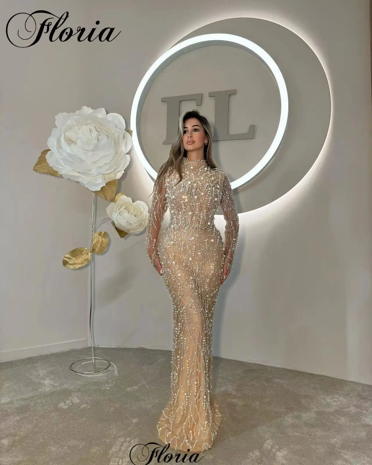 Formal Long Sleeves Evening Dresses For Women 2025 High Neck Pearls Prom Party Dresses Engagement Gowns Robes De Soirée Custom