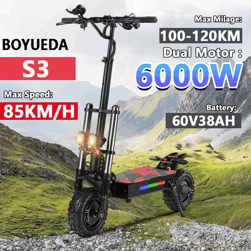 Boyueda-patinete eléctrico S3, 6000w, 60v, 38Ah, motor dual, asiento extraíble, absorción de impacto hidráulica, neumático todoterreno de 11 pulgadas