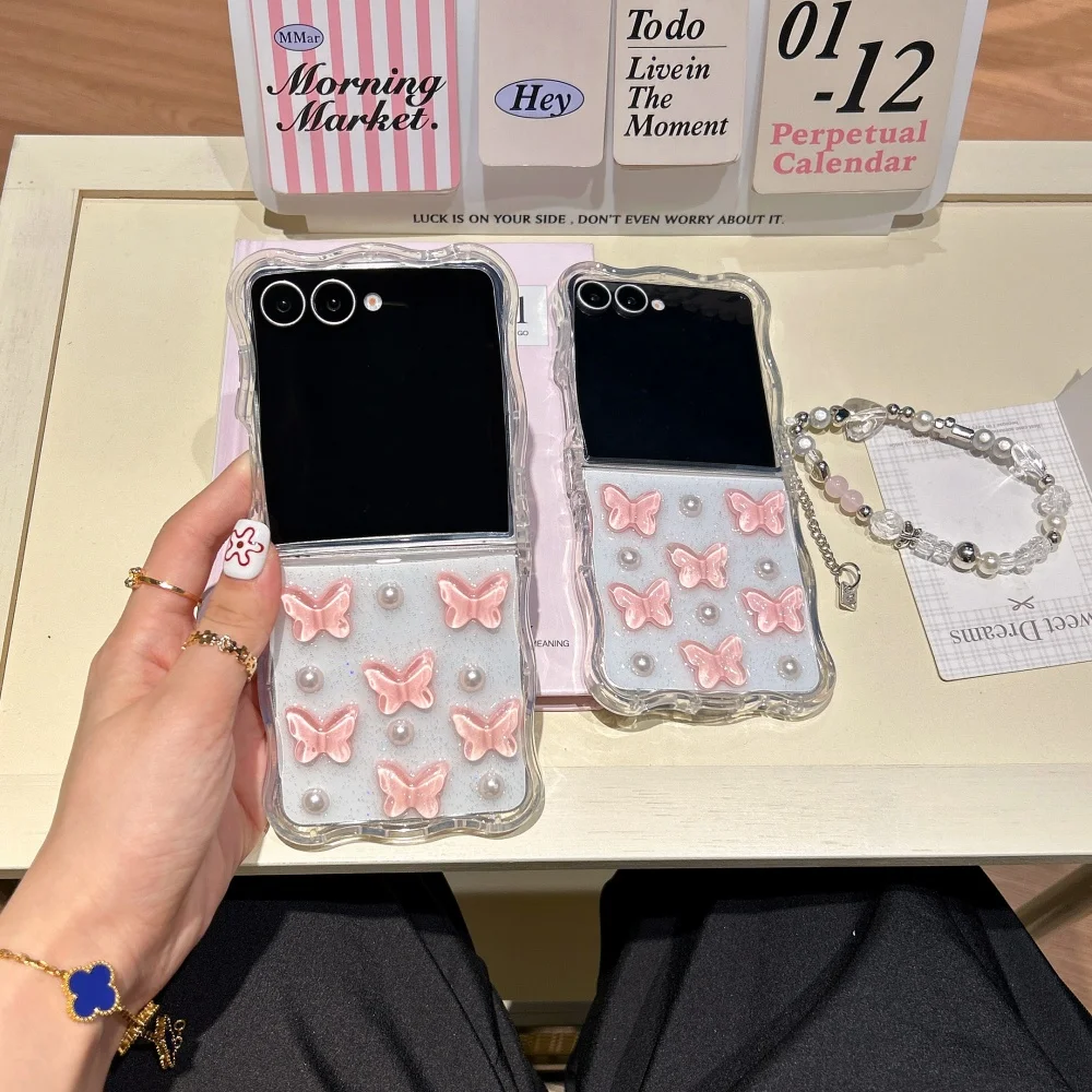 

Pink pearl butterfly mobile phone case, suitable for Samsung Z Flip3 4/5/6/7, with hanging chain, new shockproof protective case