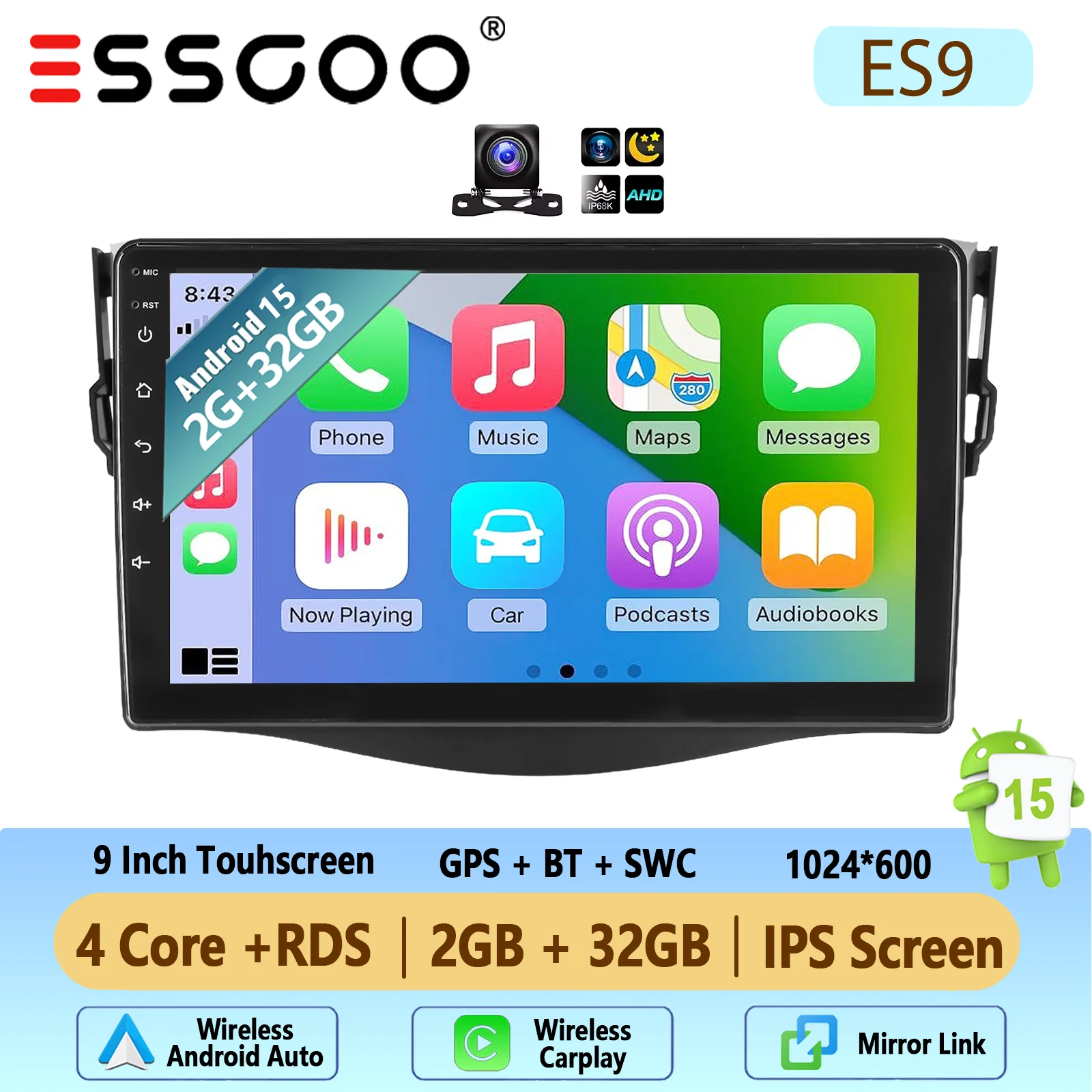 Autoradio ESSGOO Android 15 9 Inch 4+64G voor Toyota RAV4 2007-2012 Draadloze CarPlay Android Auto GPS Navigatie FM WiFi Bluetooth RDS Stuurwielbediening Mirror Link Touchscreen Hoofdeenheid