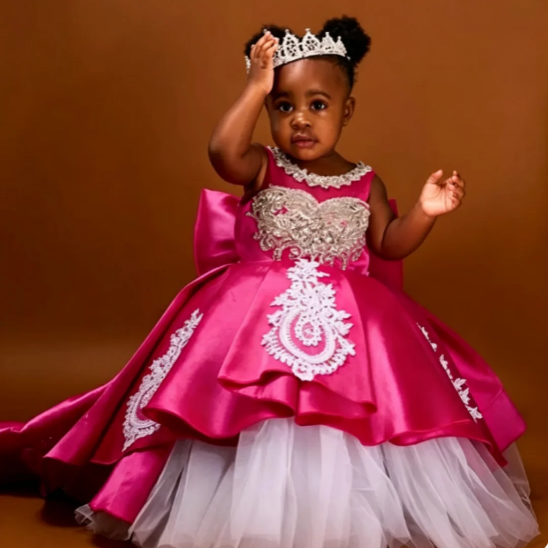 Customized Flower Girl Dresses With Bow Wedding Gowns For Birthday Party Pageant Hot Pink Lace Appliques Kids Puffy Ball Gown