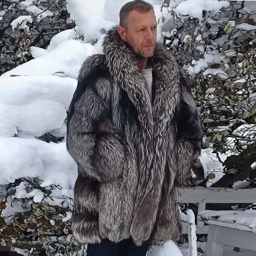 Long Real Silver Fox Fur Coat with Lapel Collar High Quality Wholeskin Genuine Silver Fox Fur Jacket Full Pelt Fur Overcoat Man