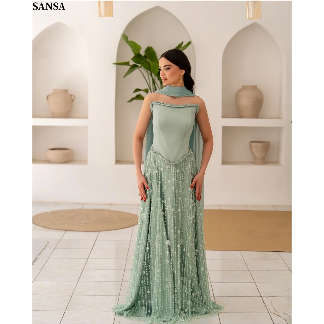 Vestido de Noche Verde Salvia Personalizado Sansa 2026 sin Tirantes con Escote Capa, Falda de Tul con Cuentas y Corsé Estructurado para Fiesta Formal/Baile de Gala
