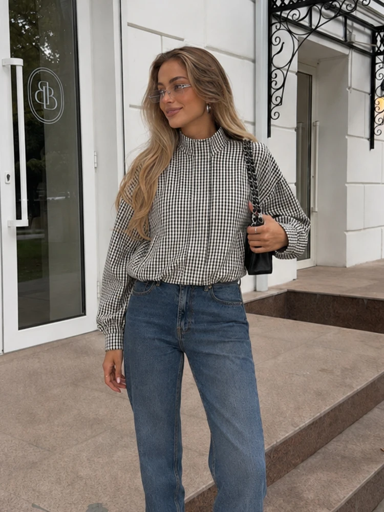 HH Women Fashion Retro Jacket Fine Plaid Print Chic Stand Collar Smocked Hem Loose Coat 2026 Spring Autumn Back To School wear