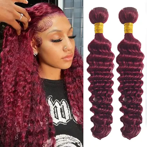 Burmese Curly Hair Bundles Burgundy Human Hair Extensions 99J Red Human Hair Tissage 16-30inch Remy Deep Wave 1/3/4 Bundles Deal