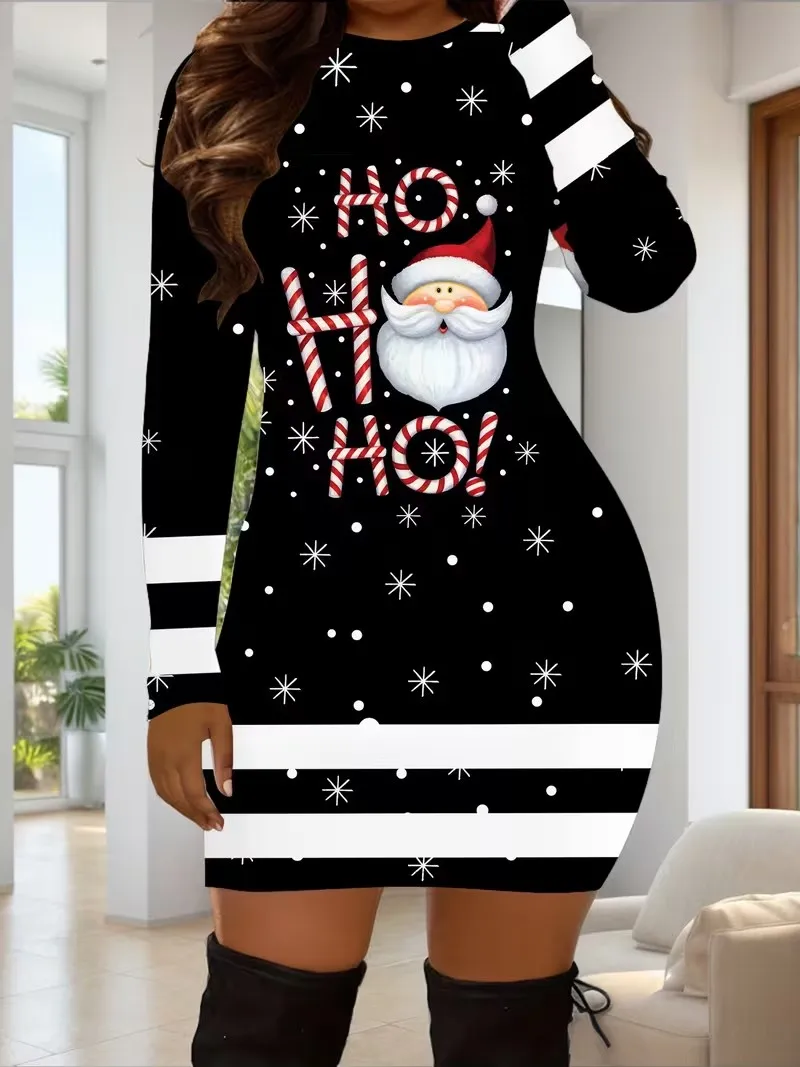 3D Santa Claus Christmas Tree Print Dress Autumn New Year Christmas Party Mini Dress Women's Long Sleeve Round Neck Tight Dress