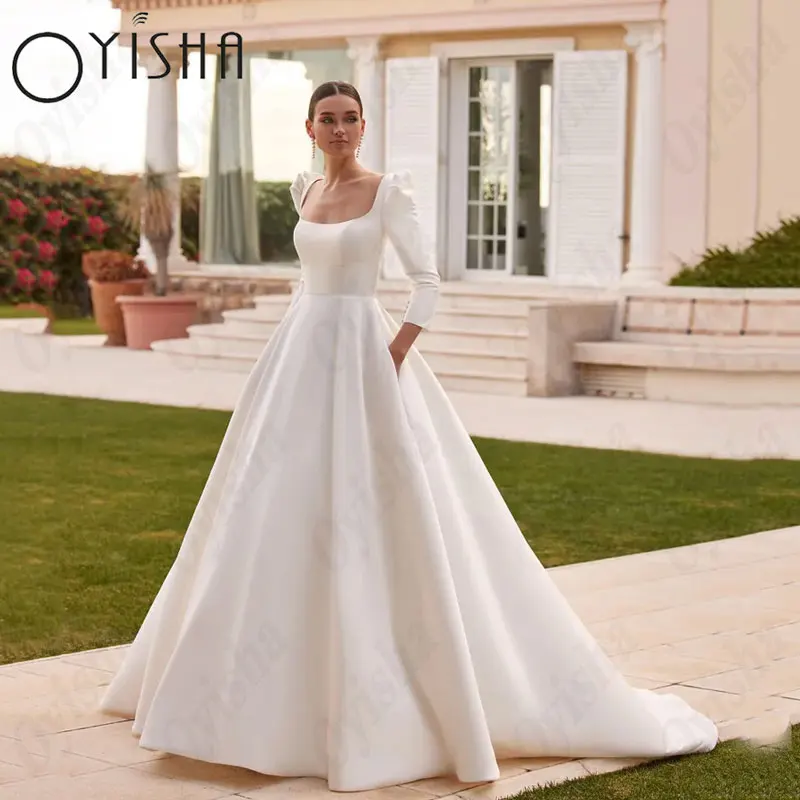 OYISHA Square Collar A-Line Wedding Dresses Elegant Long Sleeves Satin Classic Bridal Gowns For Woman Simple Vestido De Mariages