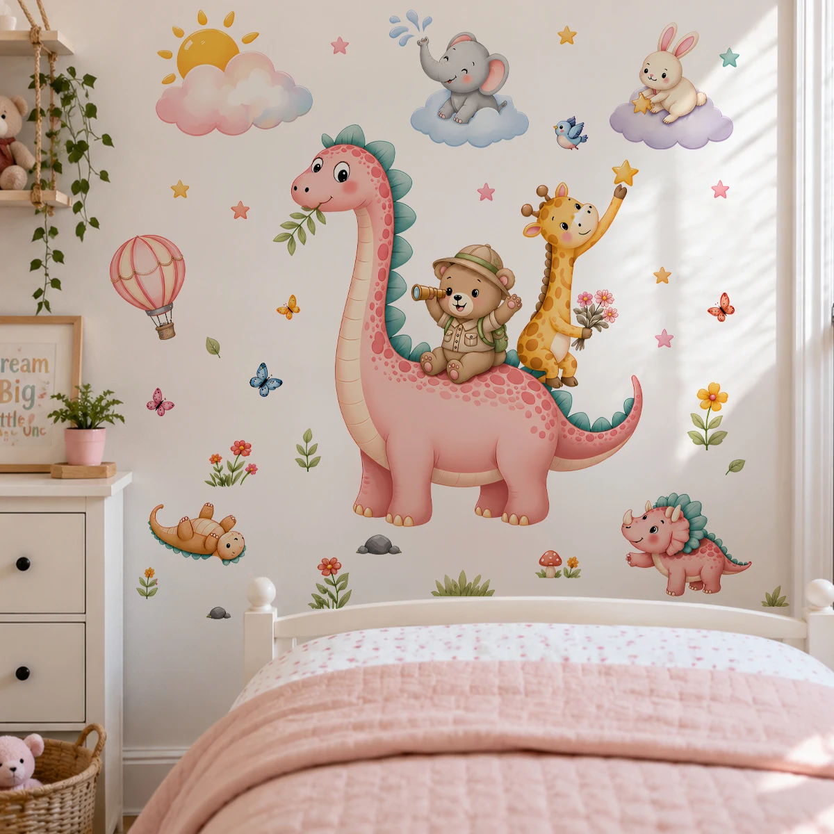 수채화 핑크 공룡 벽 스티커 곰 탐험가 기린 데칼 자체 - Baby Nursery Wallpaper Girl 리뷰 및 가격