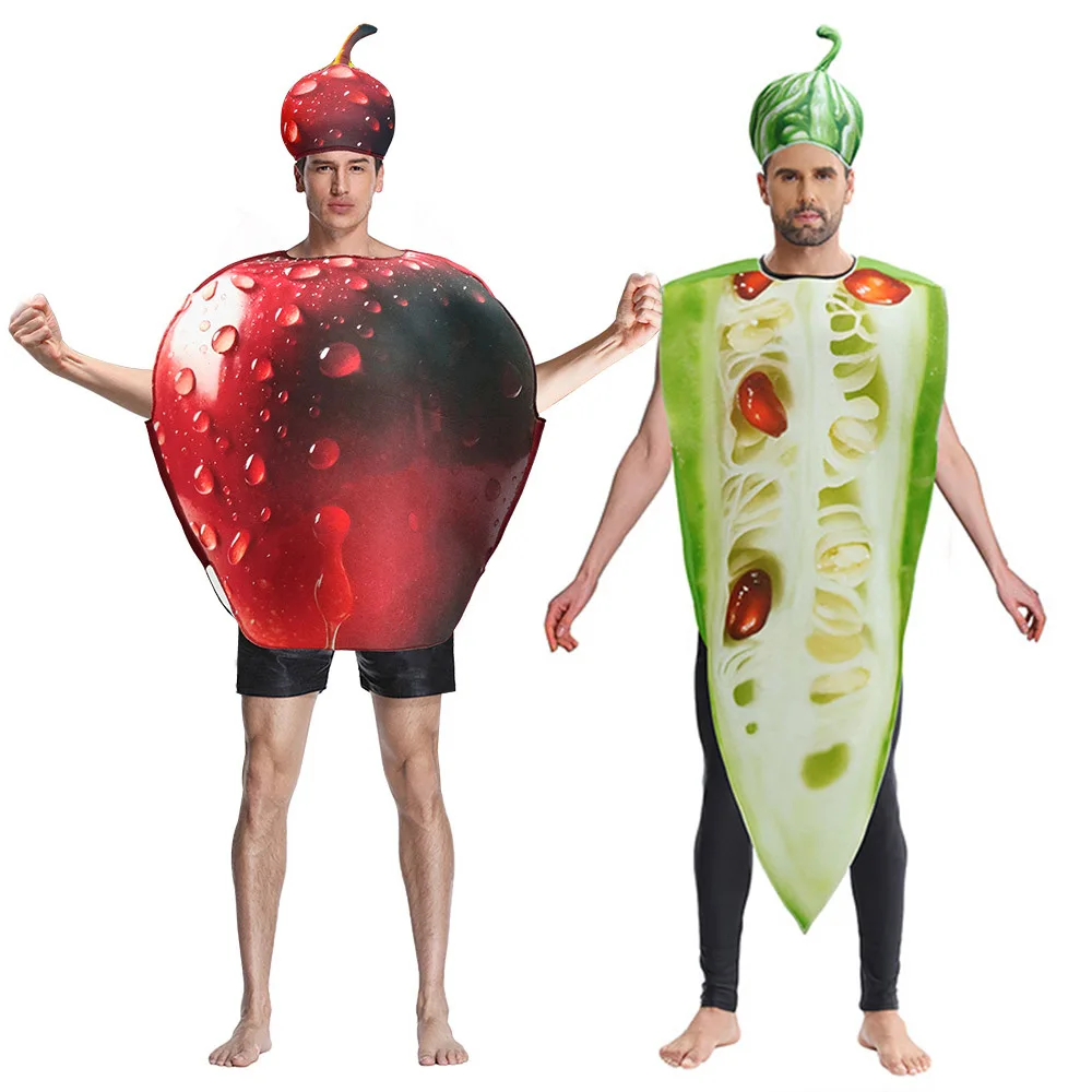 2025 mujeres divertidas fruta gran manzana roja vestido elegante verdura verde calabaza amarga hombres melón amargo disfraz de Halloween para adultos