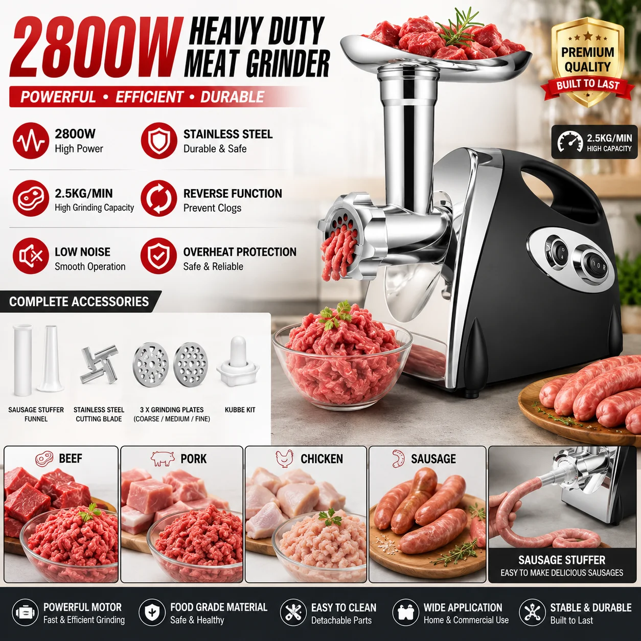 Hachoir à viande électrique professionnel 2800W en acier inoxydable, puissant, pour viande, saucisses, préparation culinaire, pour bœuf, porc, poulet, usage domestique et commercial 1