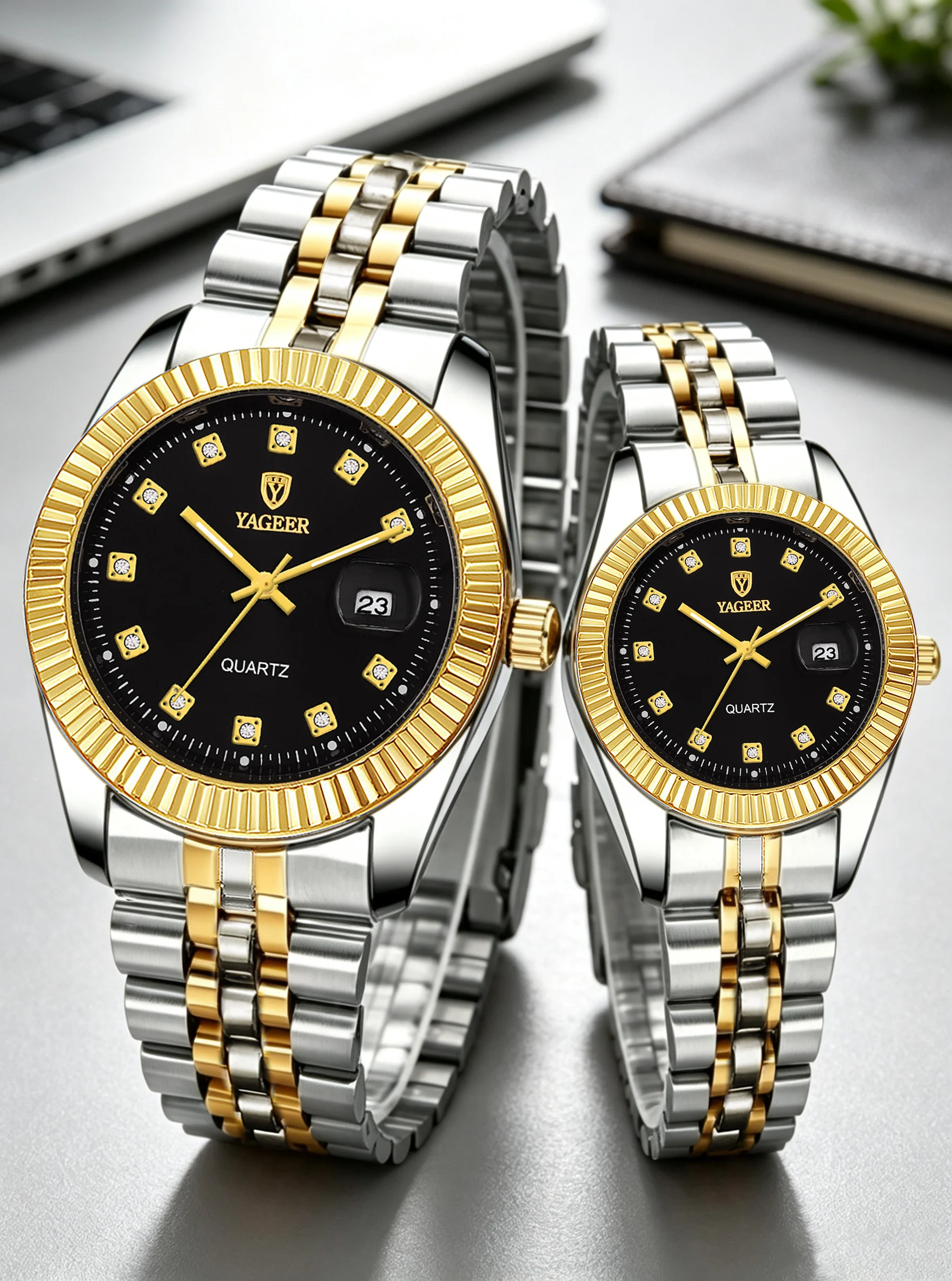 2-Piece Set of Men's and Women's Watches for Couples, Calendar Wristwatch for Girlfriend, Silver and Black High-End Wearables, Valentine's Day Gift, Suitable for Daily Wear