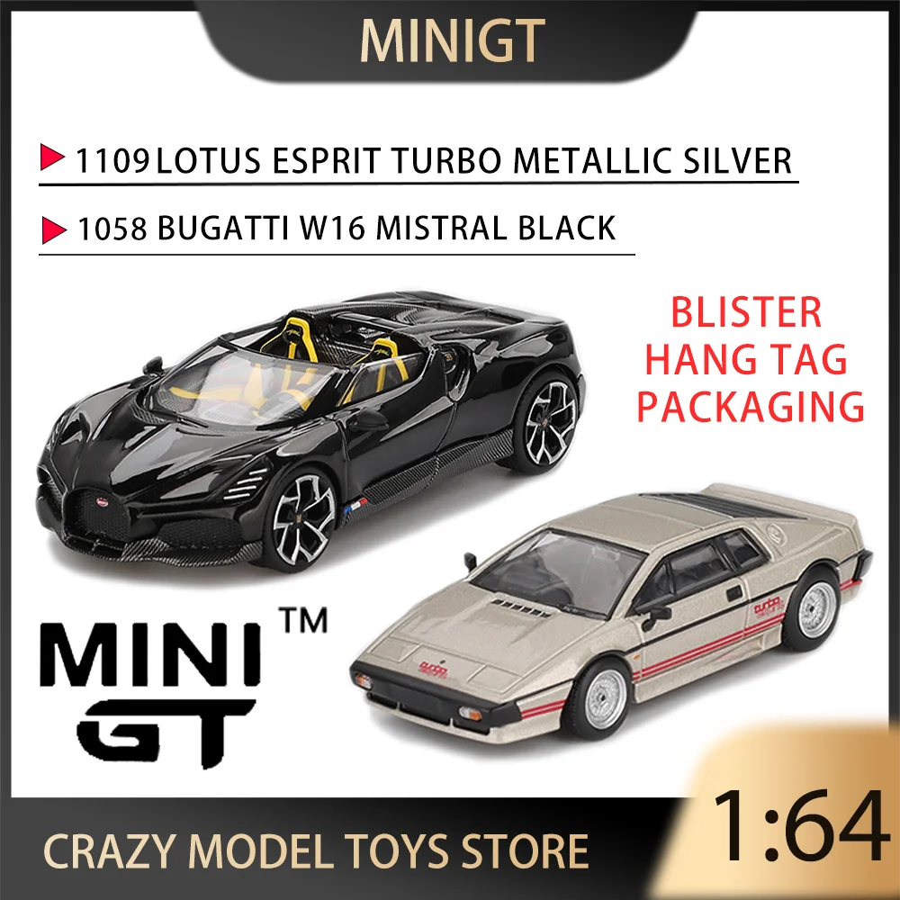 MINIGT 1:64 Lotus Esprit Turbo Metallic Silver Bugatti W16 Mistral Black Blister Hang Tag Packaging  Alloy Diecast Car Model