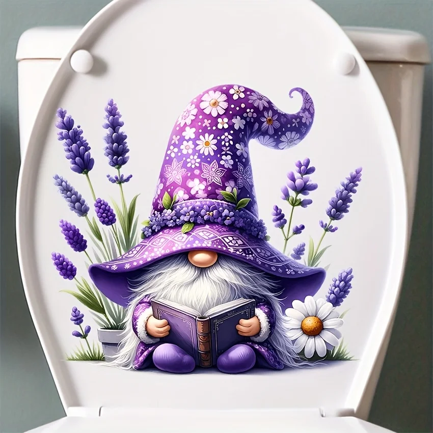 1Pc Exquisite Lavender Gnome Toilet Wall Sticker, Self-Adhesive Pvc Decorative Sticker, Suitable for Toilet Seats, Bathroom Glass, Bedrooms, Refrigerators, Cabinets, Doors and Windows, and Wall Decals, Fun and Attractive Stickers That Are Both Beautiful and Practical, Easily Create a Warm and Fun Space, a Creative and Thoughtful Gift for Family, Friends, and Loved Ones