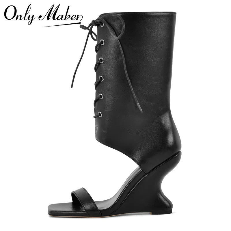 

Onlymaker Women's Square Toe Heeled Boots Lace-Up Cut-Out Summer Sandals Strange Style Booties