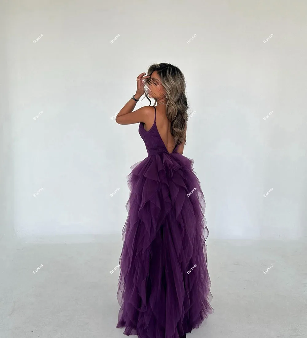 Booma Purple A-Line Long Prom Dresses Spaghetti Straps Ruffles Tulle Formal Party Gowns for Women Evening Dresses Dubai