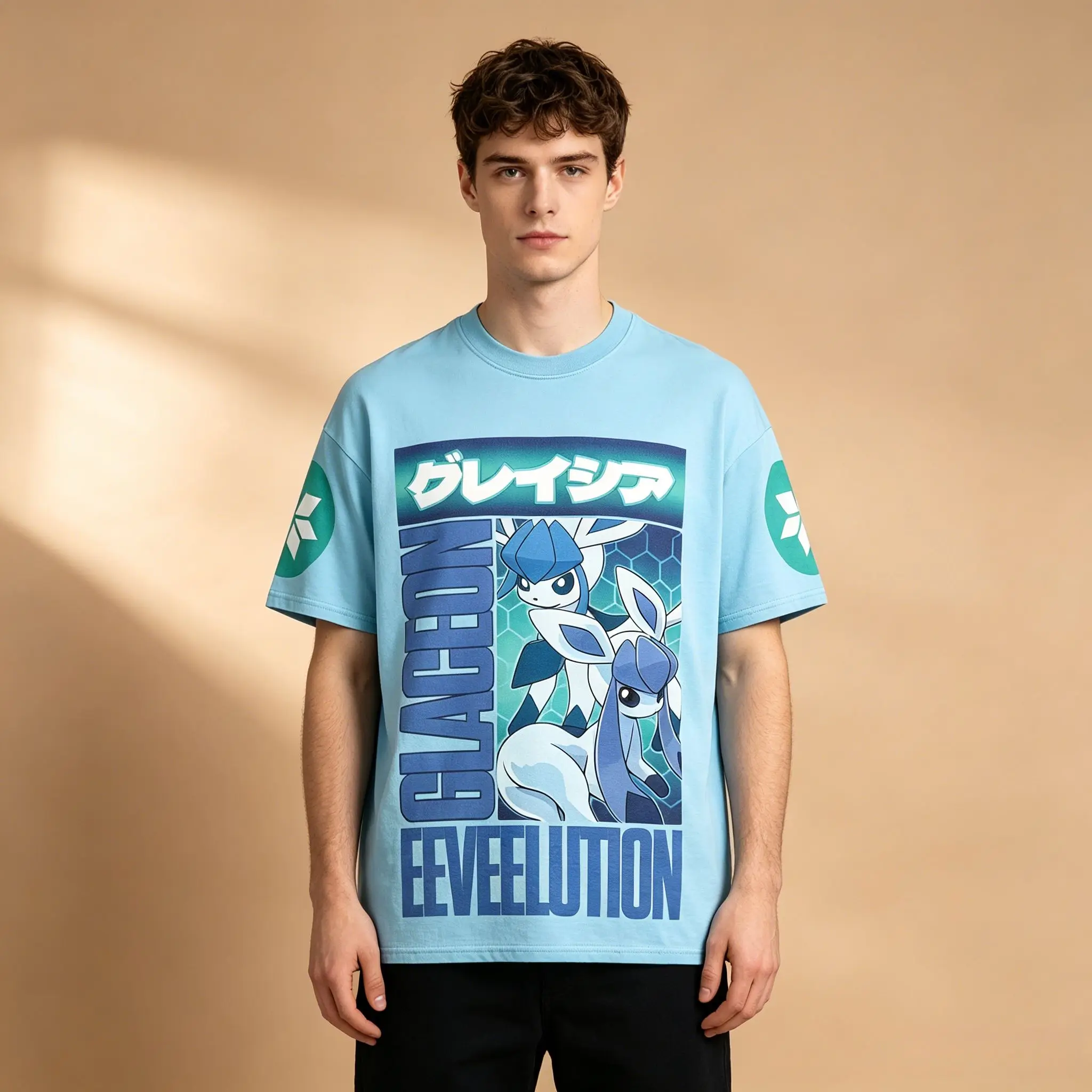 Camiseta con Gráficos de Anime para Hombre, Base Azul Claro, Estampado de Pokémon Glaceon Eeveelution Tipo Hielo, Manga con Símbolo, Suave y Transpirable, Estilo Otaku