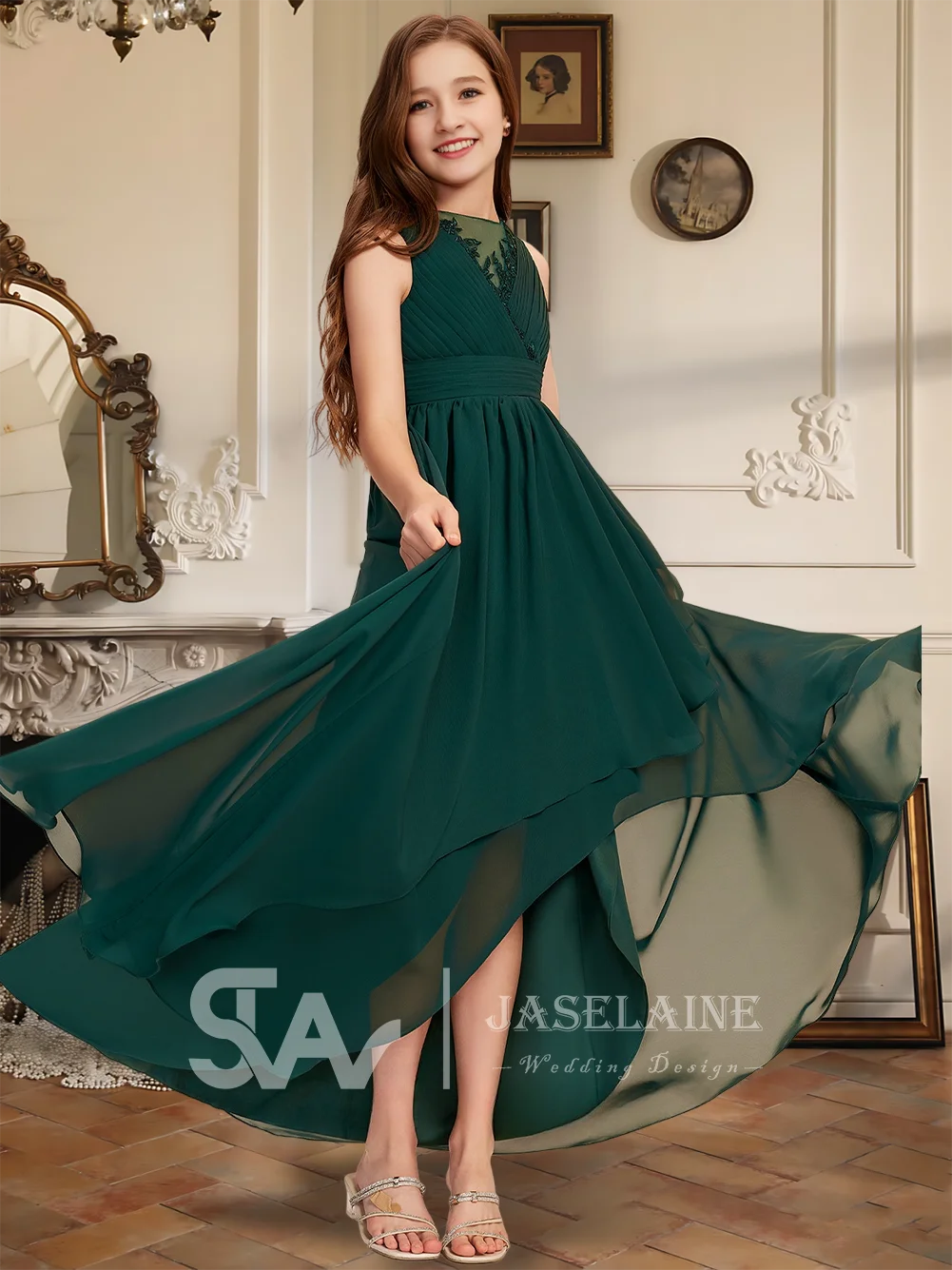 Dark Green Elegant A-Line Scoop Asymmetrical Chiffon Lace Junior Bridesmaid Dress Flower Girl Dress Girls Party Wedding Formal