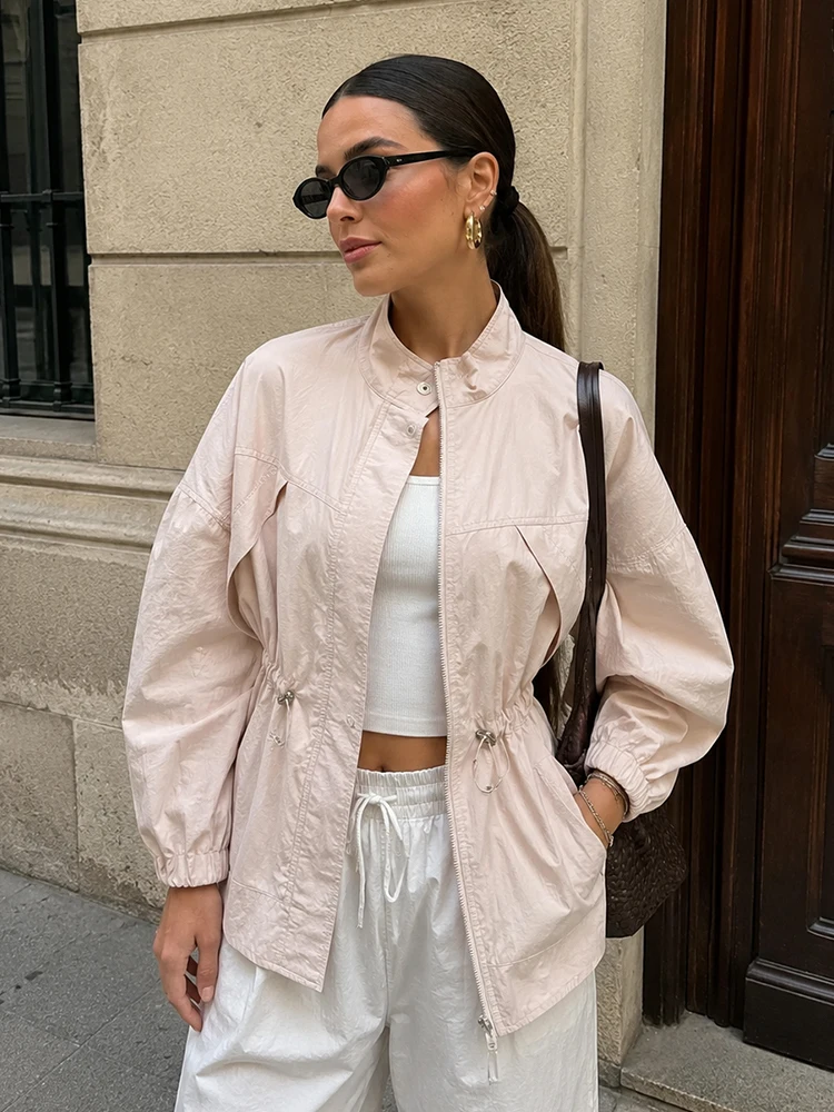 HH Women Spring Stand Collar Field Jacket Drawstring Waist Lantern Snap Button Placket Loose Fit Casual Outdoor Commute Coat