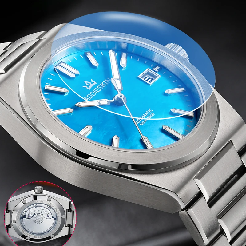 ADDIESKIN K008 Natural Blue Mother of Pearl Dial Men's Automatic Watch Miyota 9015 Sapphire Crystal BGW9 Luminous 100m Waterproo