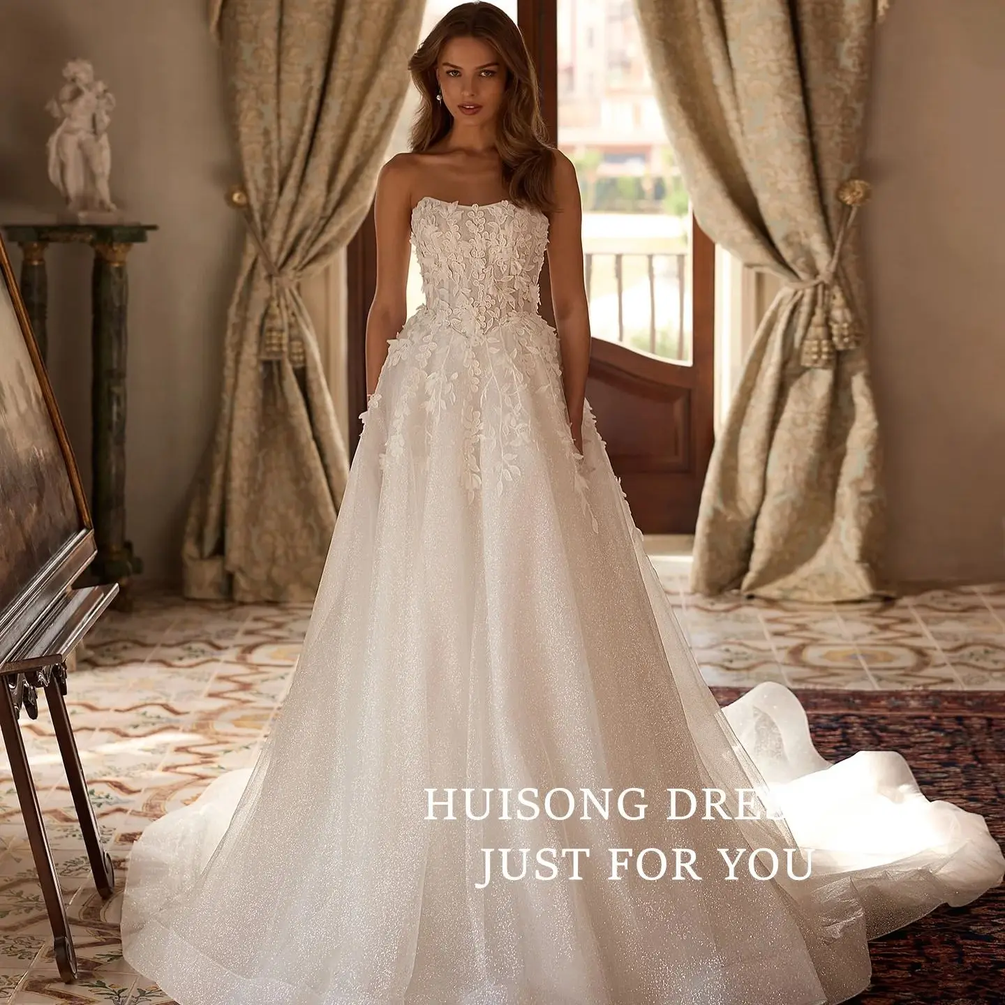 

HUISONG Customized suknia ślubna Boho Wedding Dresses Lace Appliques Sleeveless A-Line Bohemian Bridal Gown robe de mariée