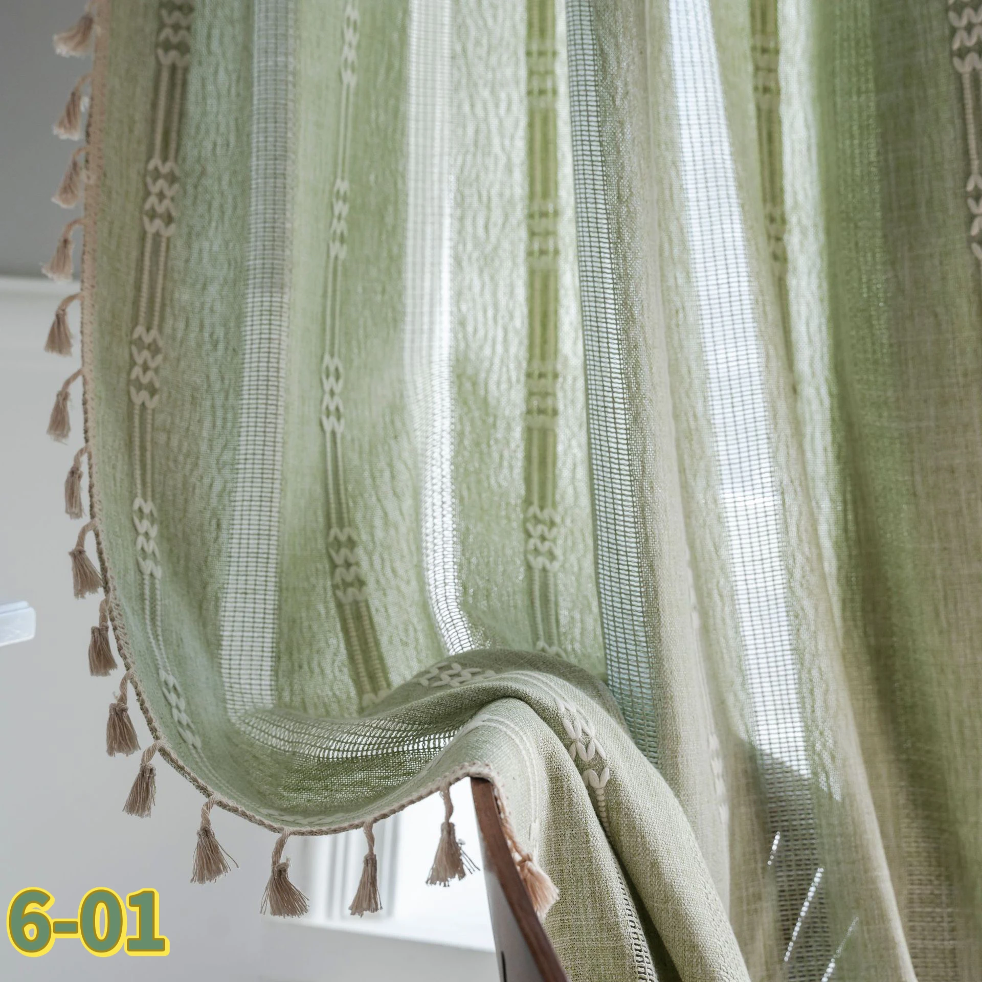 

Finished green solid striped embroidered curtains semi-light-blocking hollow kitchen living room curtains