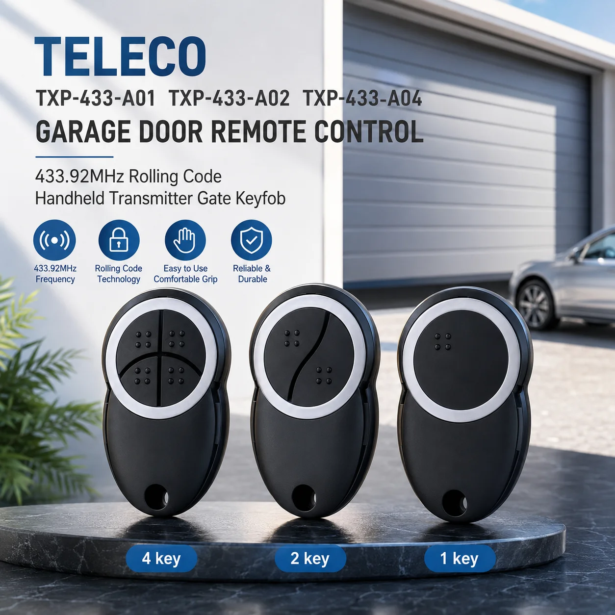 TELECO TXP-433-A01 TXP-433-A02 TXP-433-A04 Garage Remote Control 433.92MHz Rolling Code Handsender Command Transmitter