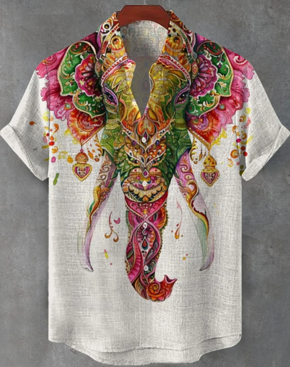 새로운 레트로 남자 민족 코끼리 패턴 인쇄 옷깃 셔츠, 패션 캐주얼 반소매 리넨 빠른 배송