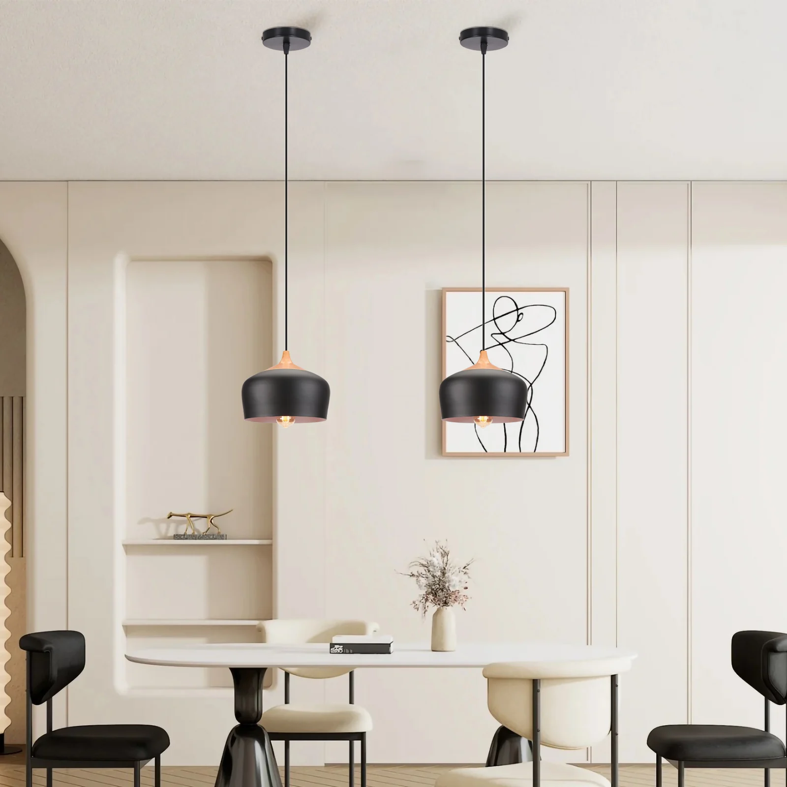 

Modern Nordic Minimalist Pendant Light Creative Bedroom Dining Room Bar Counter Single Pendant Light Black Metal Natural Wood